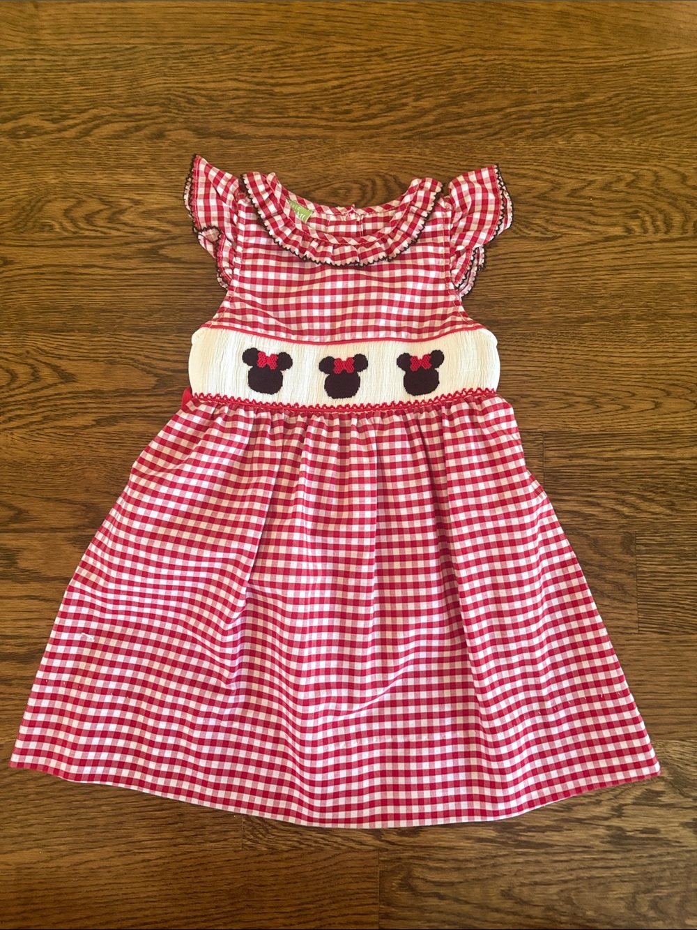 Red Gingham Girls Dress with Smocked Minnie Motif